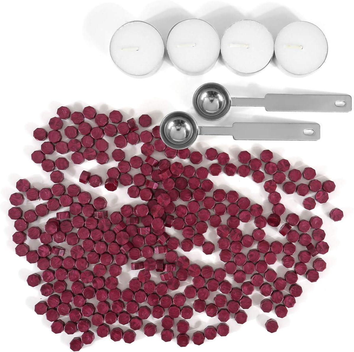 Red Sealing Wax Beads, Yoption 300 Pieces Octagon Wax Seal Beads Kit with 2 Melting Spoon and 4 Candles for Seal Stamp (Sauce red)