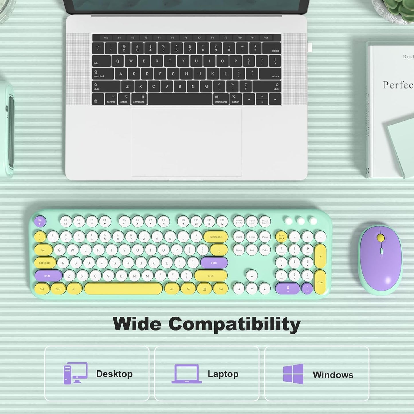 Wireless Keyboard and Mouse Combo, MOWUX Full Size Typewriter Retro Round Computer Keyboard, Cute Optical Mouse Wireless, Plug and Play, for Laptop, PC, Computer- Daydream Mint
