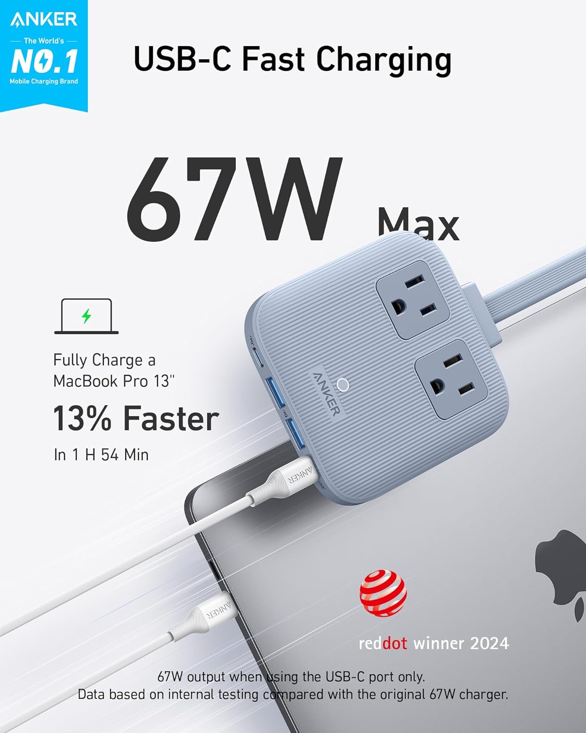 Anker Nano Charging Station(67W Max), 6-in-1 Power Strip for iPhone 16/15, MacBook, with Flat Plug and 5ft Thin Undetachable Extension Cord,2 AC&2 USB A&2 USB-C, for Home&Office