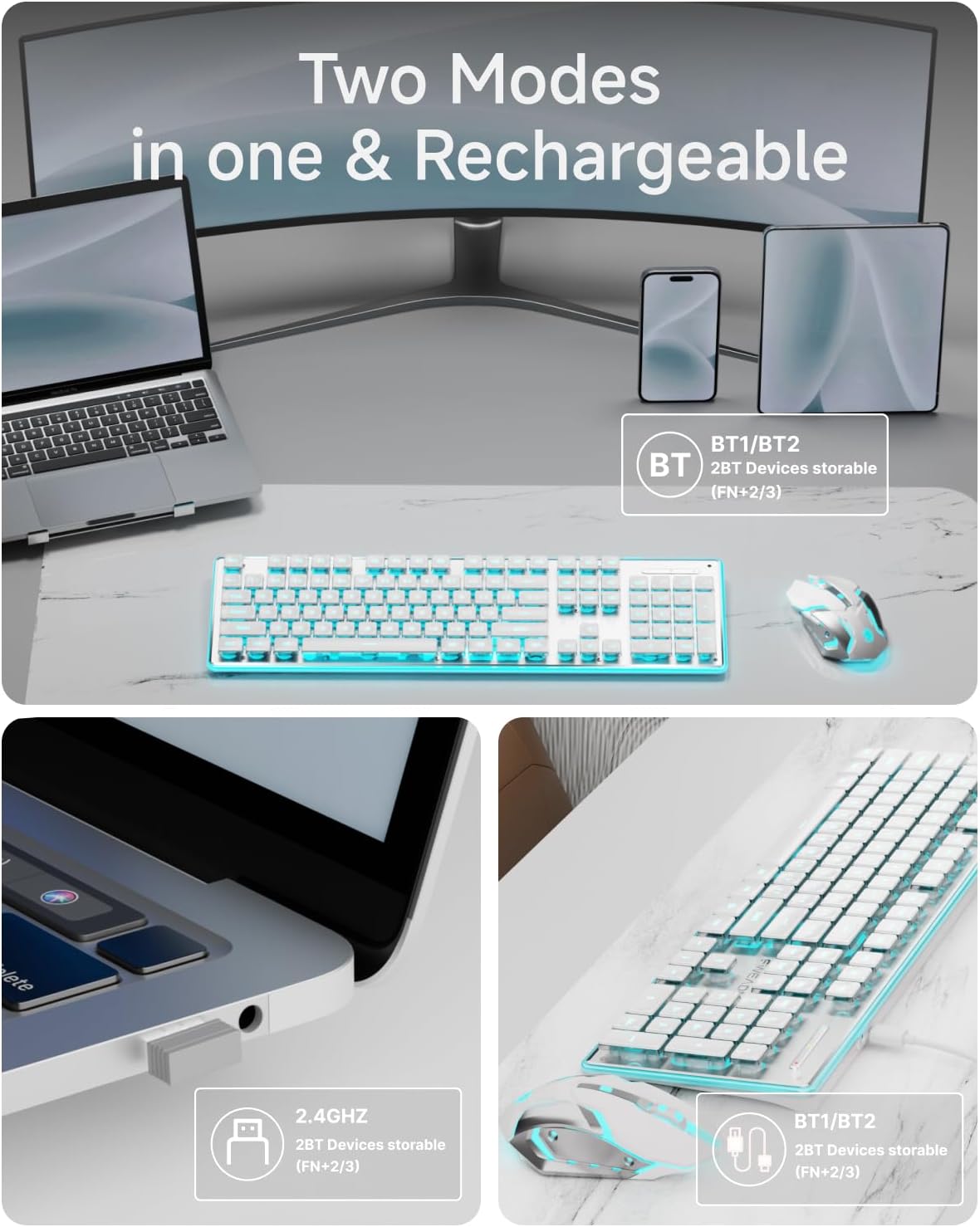 EWEADN V3 Wireless Keyboard and Mouse with Blue Backlit, Metal Panel, Bluetooth/2.4G Rechargeable Computer Keyboard and Mouse Combo Silent Lighted Full Size Cute Keyboards-White