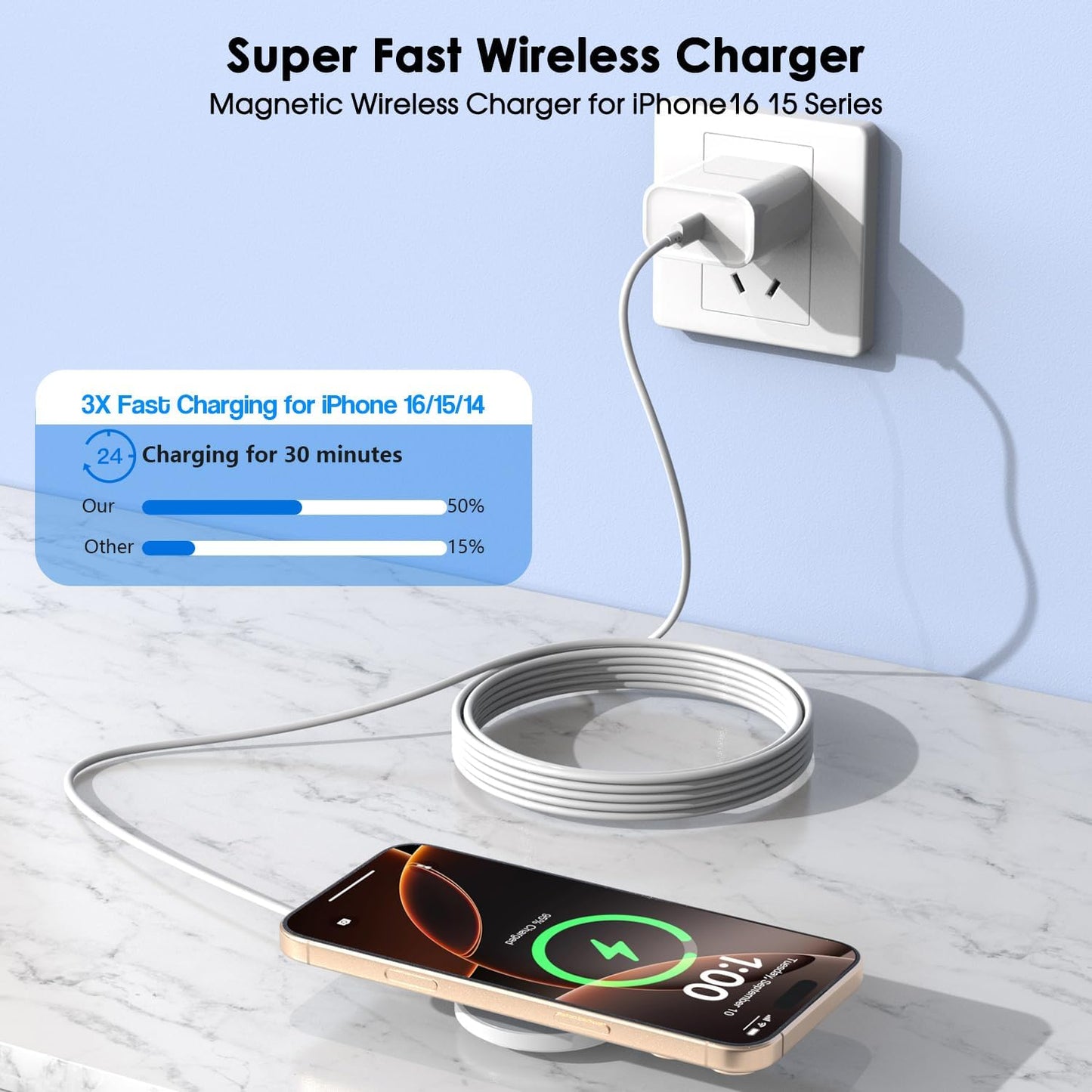 [Apple MFi Certified]10FT Magnetic Wireless Charger for iPhone 17 16,Apple Fast Mag-Safe Charger 15W Fast Wireless Charging Pad for iPhone 17/17 Air/17 Pro/17 Pro Max/16/15/14/13/12 Series,AirPods 3/2