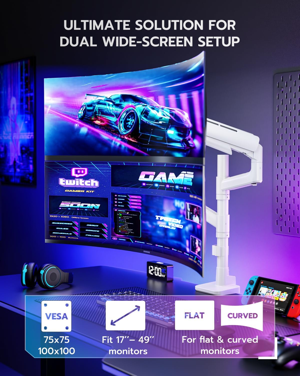 ARES WING Dual Monitor Mount for 17-49 Inch Ultrawide Heavy Duty Curved Screen, Computer Monitor Arm Desk Mount, Gas Spring Adjustable Dual Monitor Stand for Desk, White