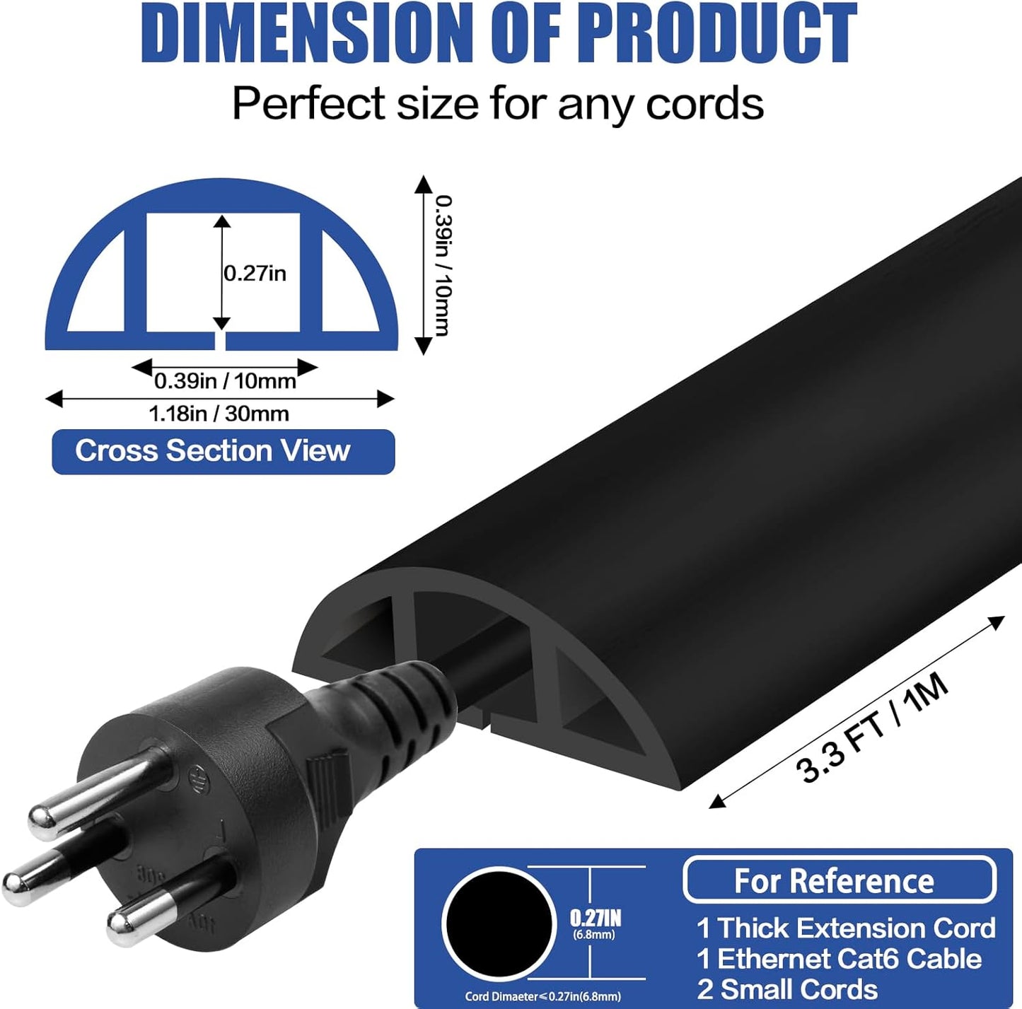 Floor Cord Cover Self Adhesive Cord Hider,3.3FT Cable Management, Extension Strip Protector for Wires, Prevent Cable Trips for Offices, Gyms, Exhibitions Cavity:0.39"(W) x 0.27"(H) Black