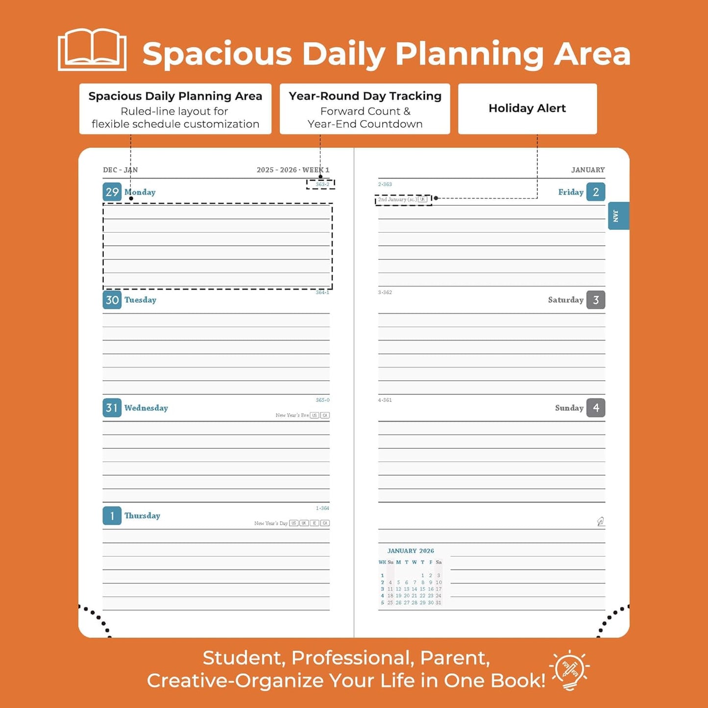 Planner 2026 Daily Weekly and Monthly,6.5"x3.75",12 Months Spiral Bound Calendar Agenda with Self-adhesive Pen Holder,2026 Appointment Book with Vegan Leather Soft Cover,Orange