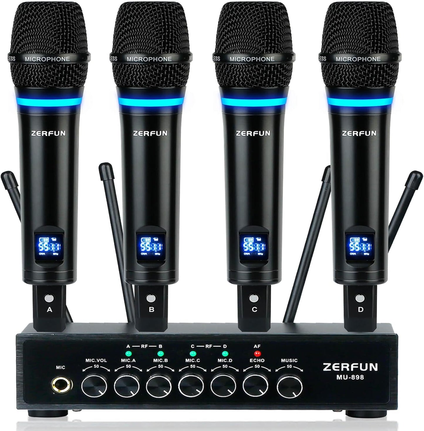 4 Channel Rechargeable Wireless Microphone System, Pro UHF Metal Handheld Wireless Microphones Cordless Mics with Echo Bluetooth VOL Channel Control for Karaoke Singing Church(MU-898)