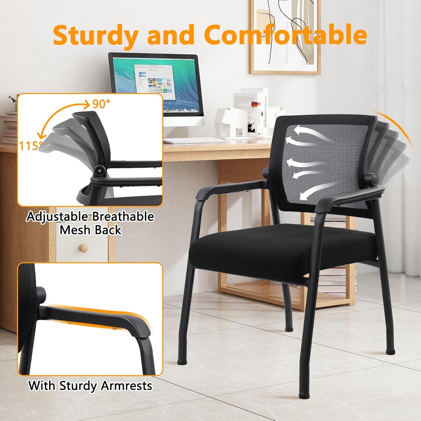 Desk Chair No Wheels with Adjustable Mesh Backrest, Arm Chair with Ergonomic Lumbar Support and Thickened Seats Cushion, Waiting Room Chairs for Office School Church Guest Reception
