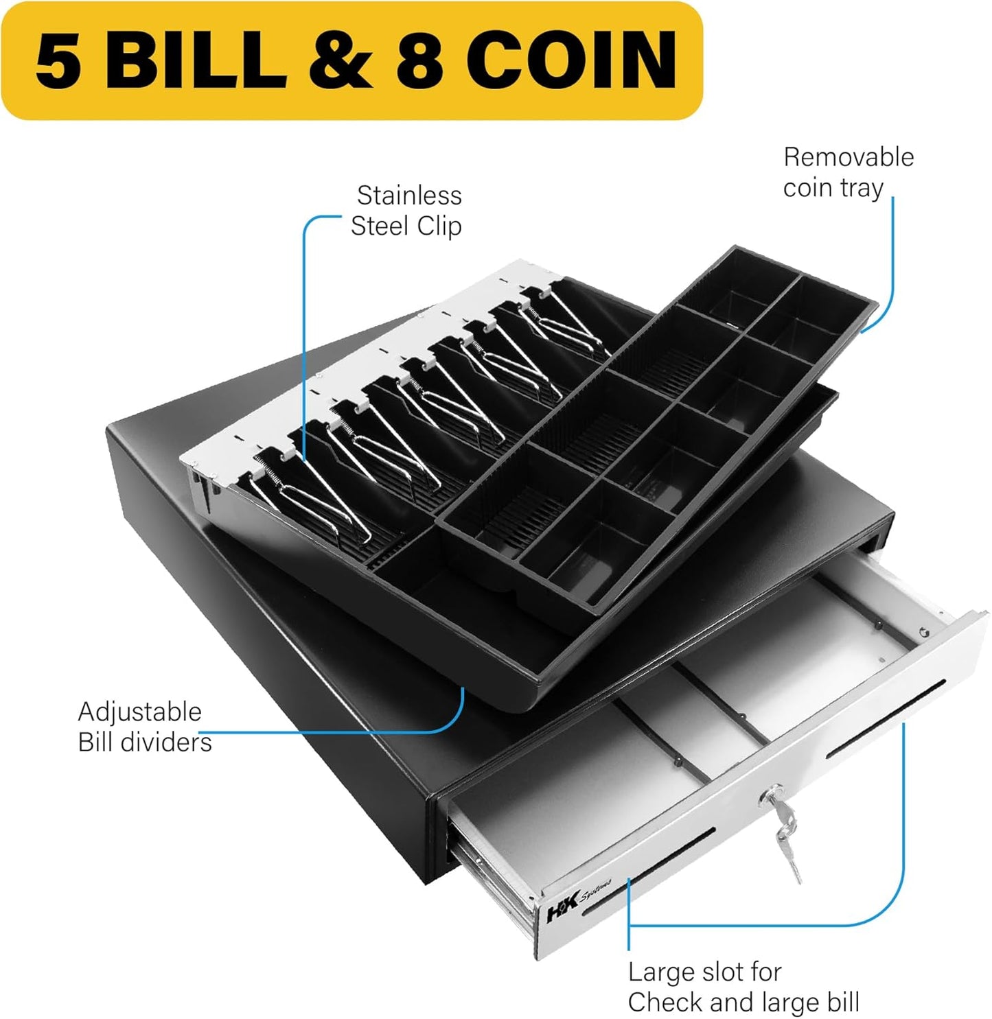 HK SYSTEMS 18inch Heavy Duty Black POS Cash Drawer with 5Bill/8Coin "Stainless Steel" Front, Ball Bearing Slides