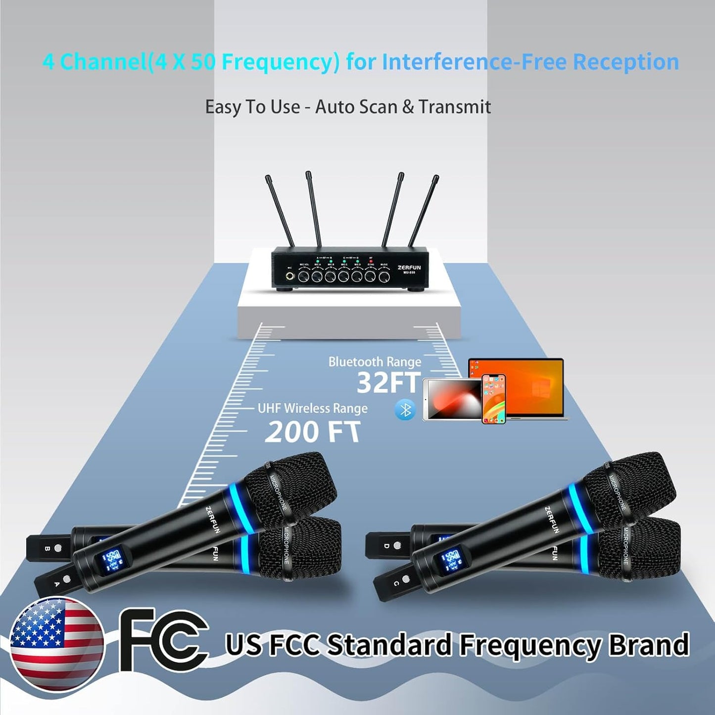 Rechargeable Wireless Microphone System 4 Channel Pro, UHF Metal Handheld Wireless Mics Cordless for Church Karaoke Singing with Bluetooth Echo Volume Control, 4x50 Frequency(MU-898)
