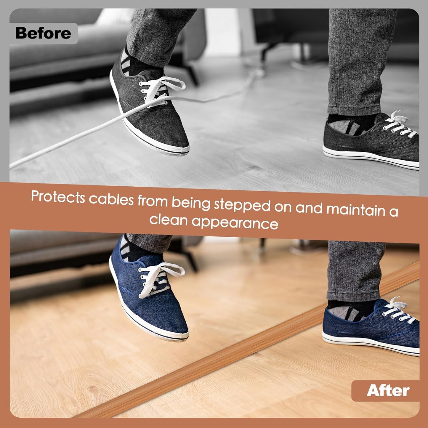 Floor Cord Cover for Wires on Floor Self Adhesive Cord Hider Floor Cable Management Wire Covers for Cords Protector Prevent Cable Trips Cord Cavity W 0.32" x H 0.32", Brown Wood, 3.3Ft