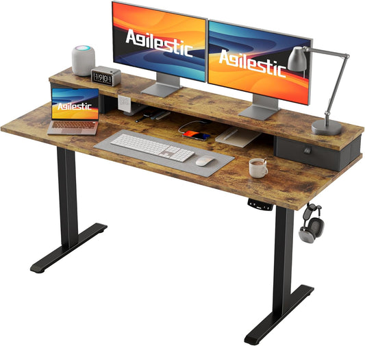 Agilestic 53 x 24 Inches Height Adjustable Electric Standing Desk with 2 Drawers, Stand Up Electric Desk Adjustable Height, Sit Stand Computer Gaming Table with Splice Board, Rustic Brown