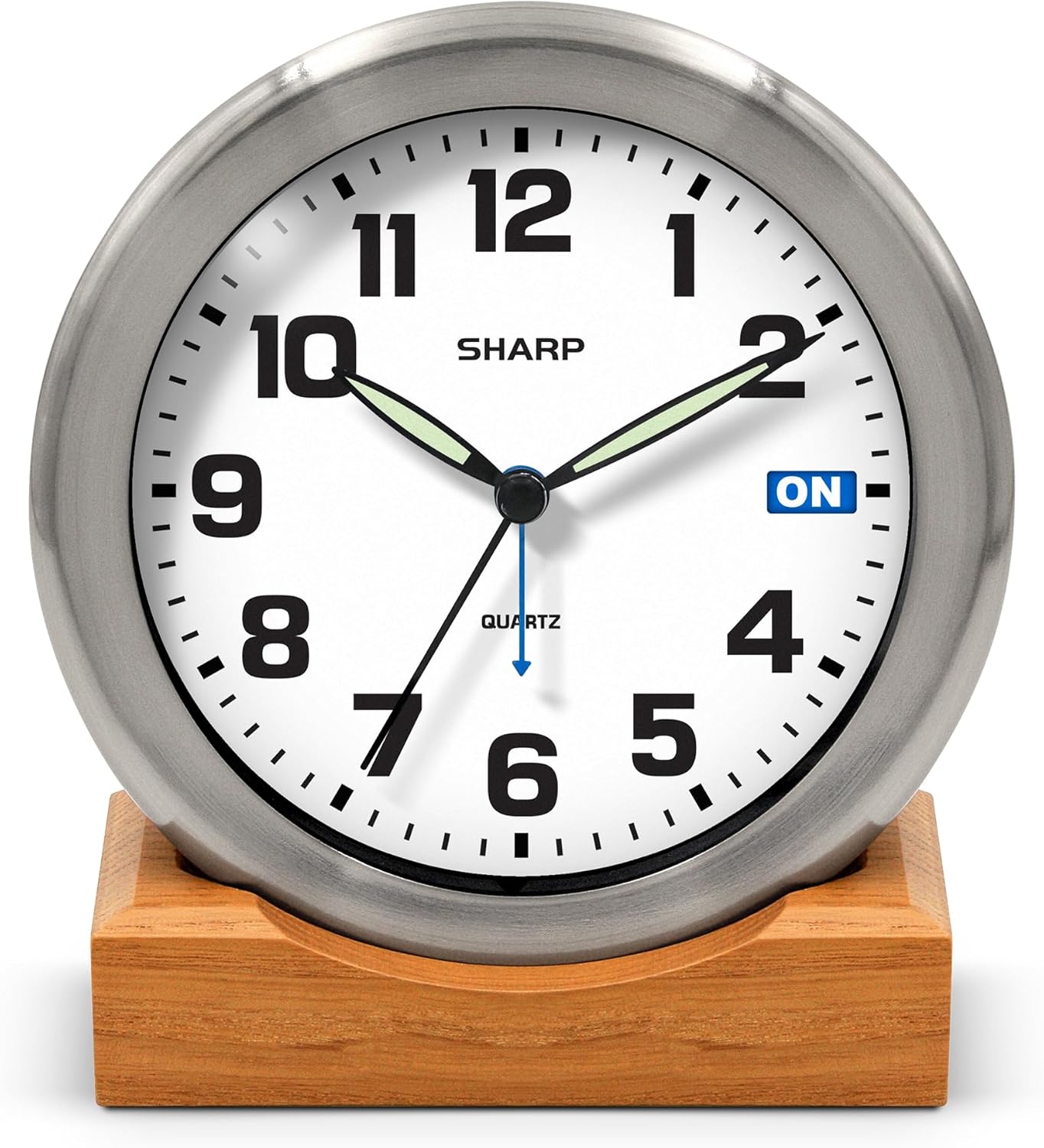 Sharp Silent Sweep Quartz Analog Alarm Clock with Alarm Status Indicator on Dial, Brushed Metal Clock with Genuine Wood Stand