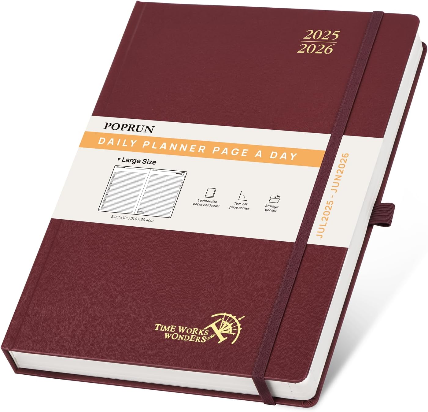 POPRUN 2025-2026 Daily Planner One Page Per Day (Large - 8.25'' x 12'') - Academic Calendar (July 2025 - June 2026), 2025 Day Appointment Book with Monthly Tabs, Hardcover - Burgundy
