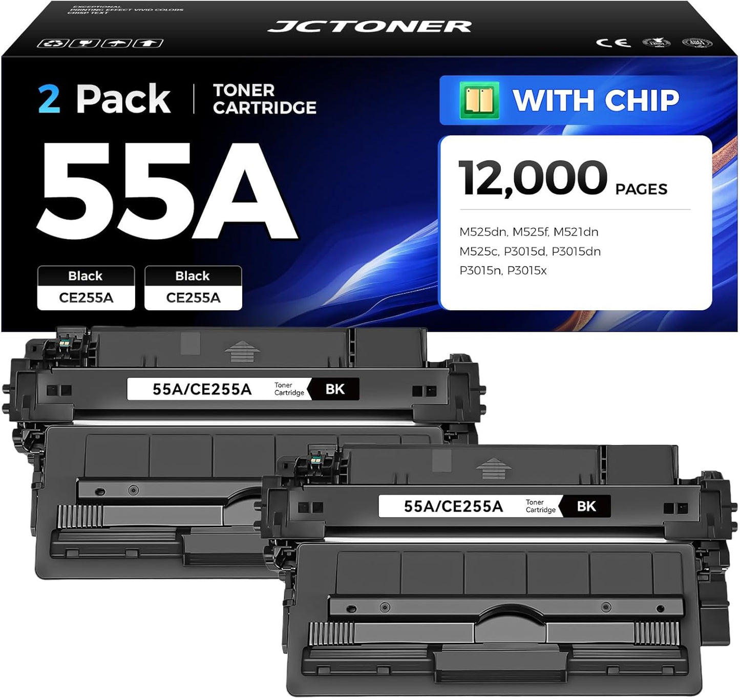 55A Black Toner Cartridge 2-Pack with chip High Yield Replacement for HP 55A CE255A Compatible with Laserjet Enterprise 500 MFP M525dn M525f Flow M525c P3015d P3015dn P3015n P3015x Pro M521dn Printer