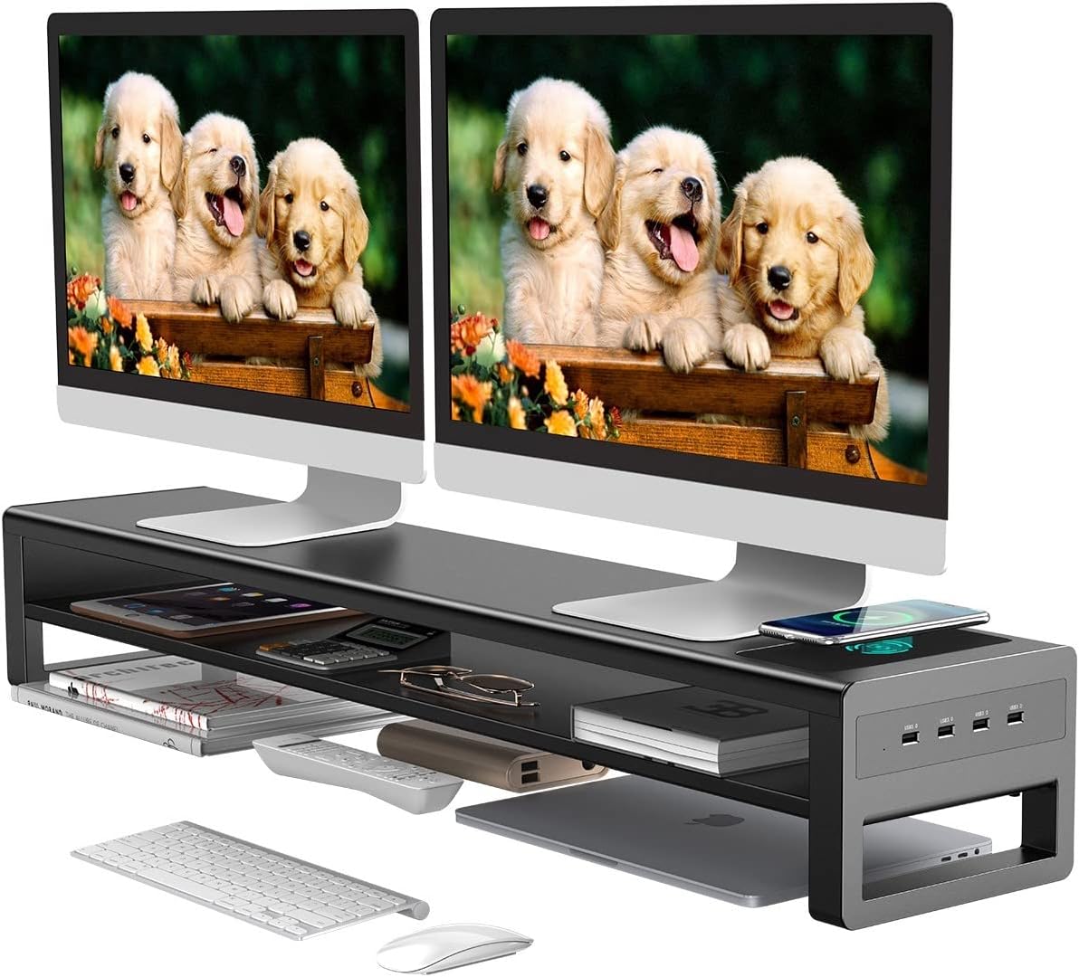 2 Tiers Dual Monitor Stand with Auto Charging Pad, 4 USB 3.0 Hub Ports, Double Monitor Riser, Metal Desk Stand with Storage, Long Screen Raiser for 2 Monitors/PC/Laptop/Computer Space Saver Organizer