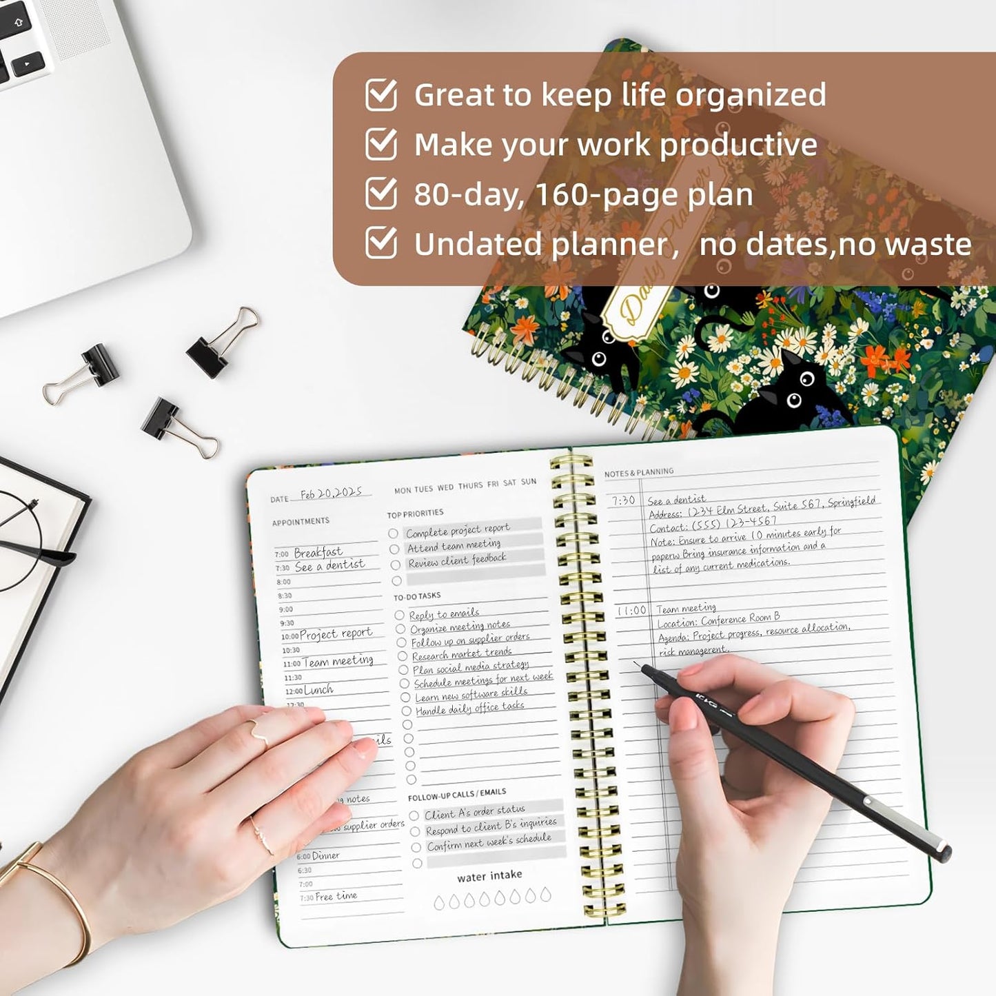 Undated Daily Planner - Spiral Notebook 80 Days One Day Per Page, Hourly Schedule, To-Do List, Notes, Everyday Planning Task, A5 Hardcover Journal Organizer Book Women Cute, Cat Garden