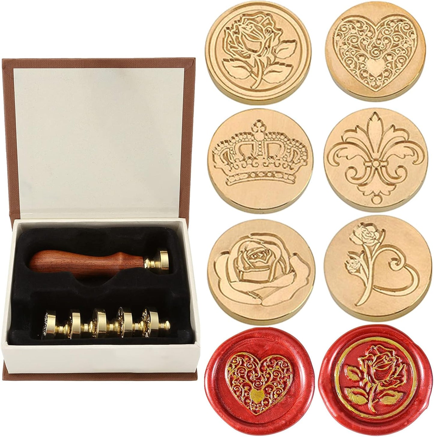 Yoption 6 Pcs Wax Seal Stamp Set, Romantic Rose Heart Flower Crown Sealing Wax Stamps Kit, Wooden Handle with Brass Head for Wedding Invitation Cards Christmas Gift