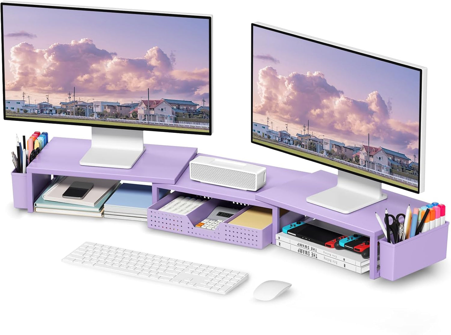 Purple Desk Organizers and Accessories, Dual Computer Monitor Stand Riser with Drawer and 2 Pen Holders, Office Desk Accessories, Workspace Desktop Organization for Office Supplies