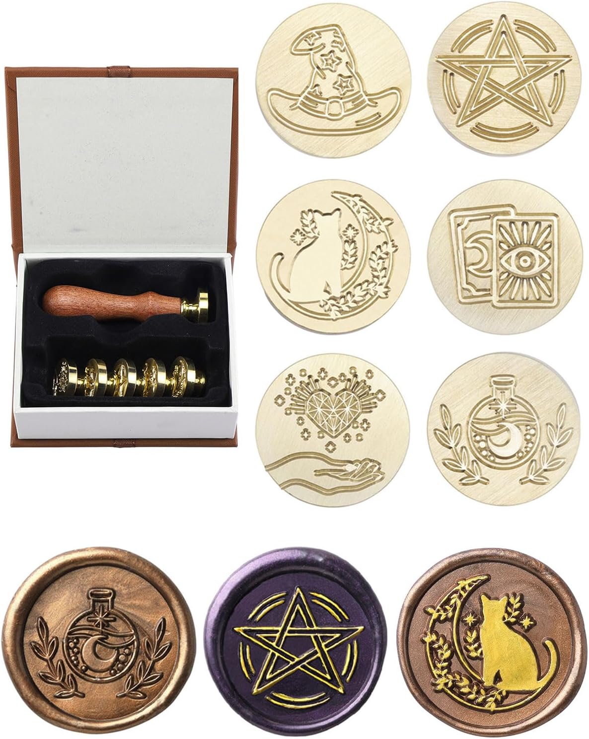 Yoption Wax Seal Stamp Gift Box Set, 6 Pieces Wiccan Copper Sealing Wax Stamp Heads + 1 Wooden Hilt for Invitations Letter Cards Envelopes Witchcraft