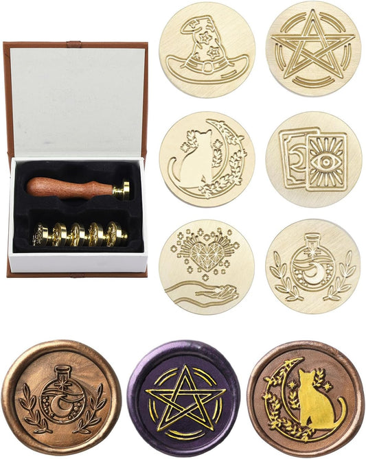Yoption Wax Seal Stamp Gift Box Set, 6 Pieces Wiccan Copper Sealing Wax Stamp Heads + 1 Wooden Hilt for Invitations Letter Cards Envelopes Witchcraft