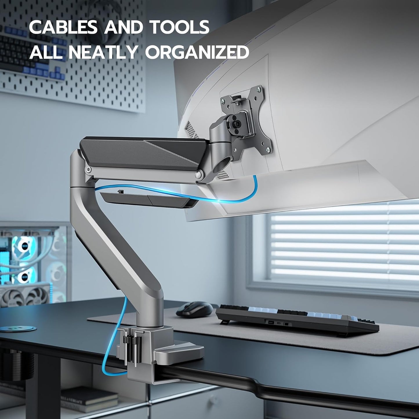 ARES WING Ultrawide Monitor Arm, Heavy Duty Single Monitor Mount for 13"-49" Curved Screens, Adjustable Stand for Desk with C-clamp & Grommet Base up to 40 LBS, Gray