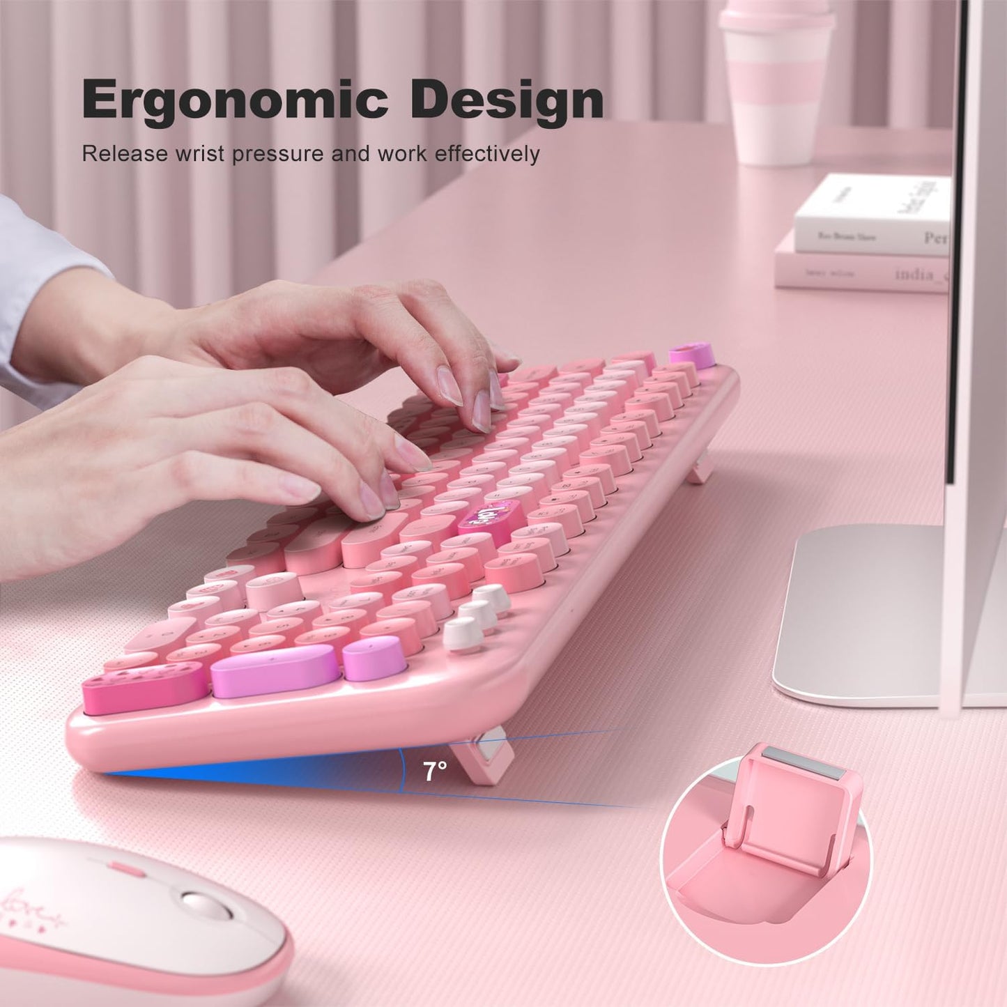 Wireless Keyboard and Mouse, Typewriter Full Size Keyboard with Number Pad and 2 in 1 USB Connected Mouse for Windows 7/8/10, Laptop, Desktop, PC, Computer (Pink Colorful)