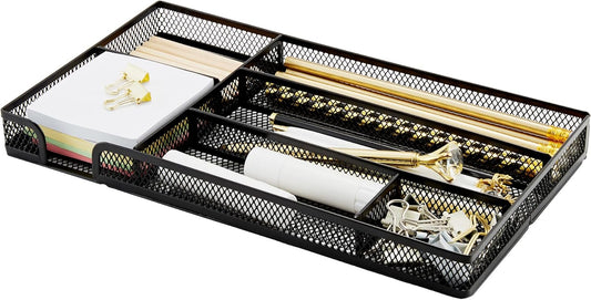 Annova Desk Drawer Organizer Tray for Office Organization - Metal Mesh - Storage Tray with Dividers for Pens, Desktop Accessories, Bathroom, Kitchen, Makeup and Office Supplies (Small, Black)