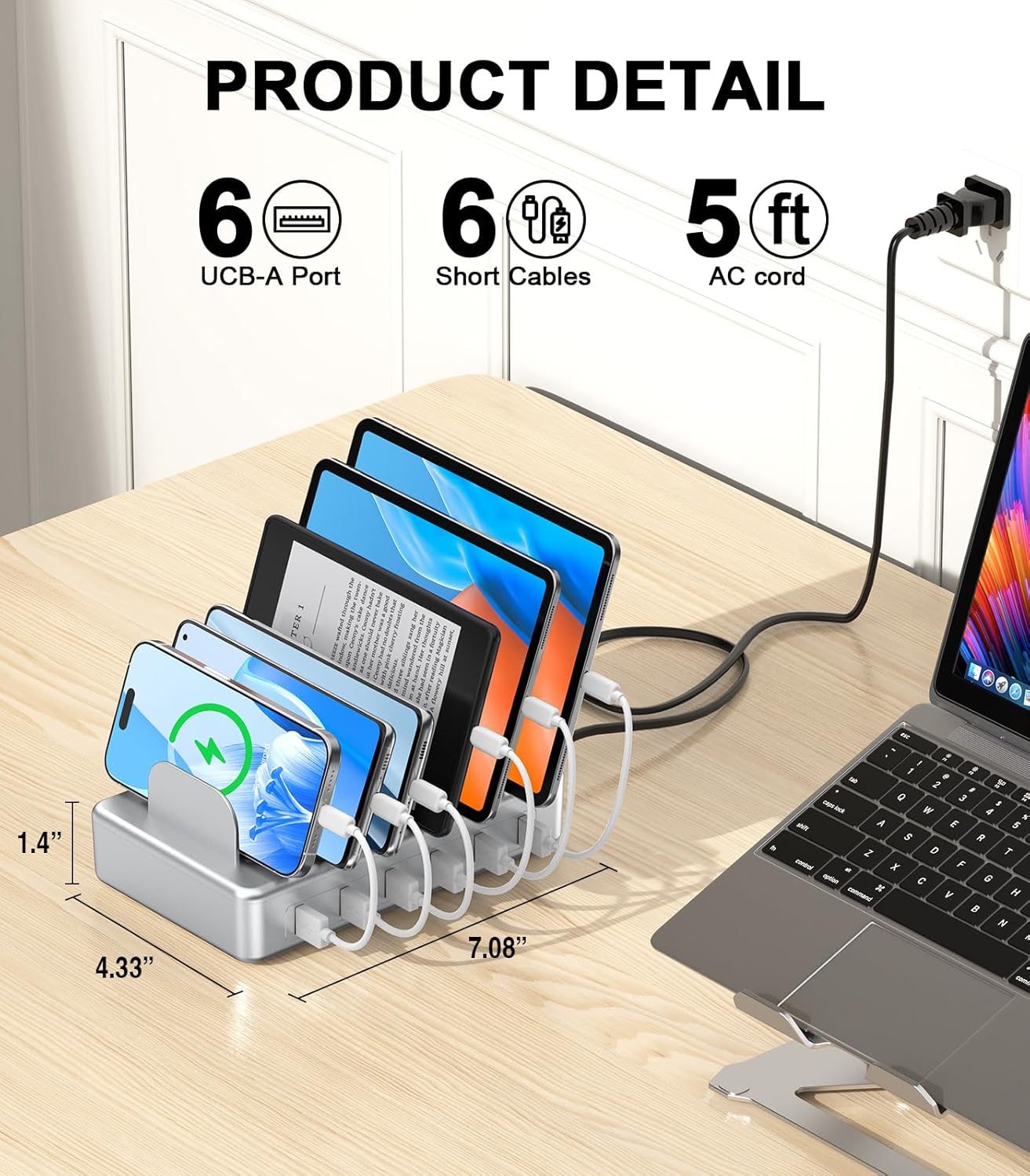 CREATIVE DESIGN 6 Port Charging Station for Multiple Devices,50W Multi Phone Charging Station with 6 Cables, Multiple USB Charger Station Designed for Cellphone iPad iPhone Tablet (Silver)