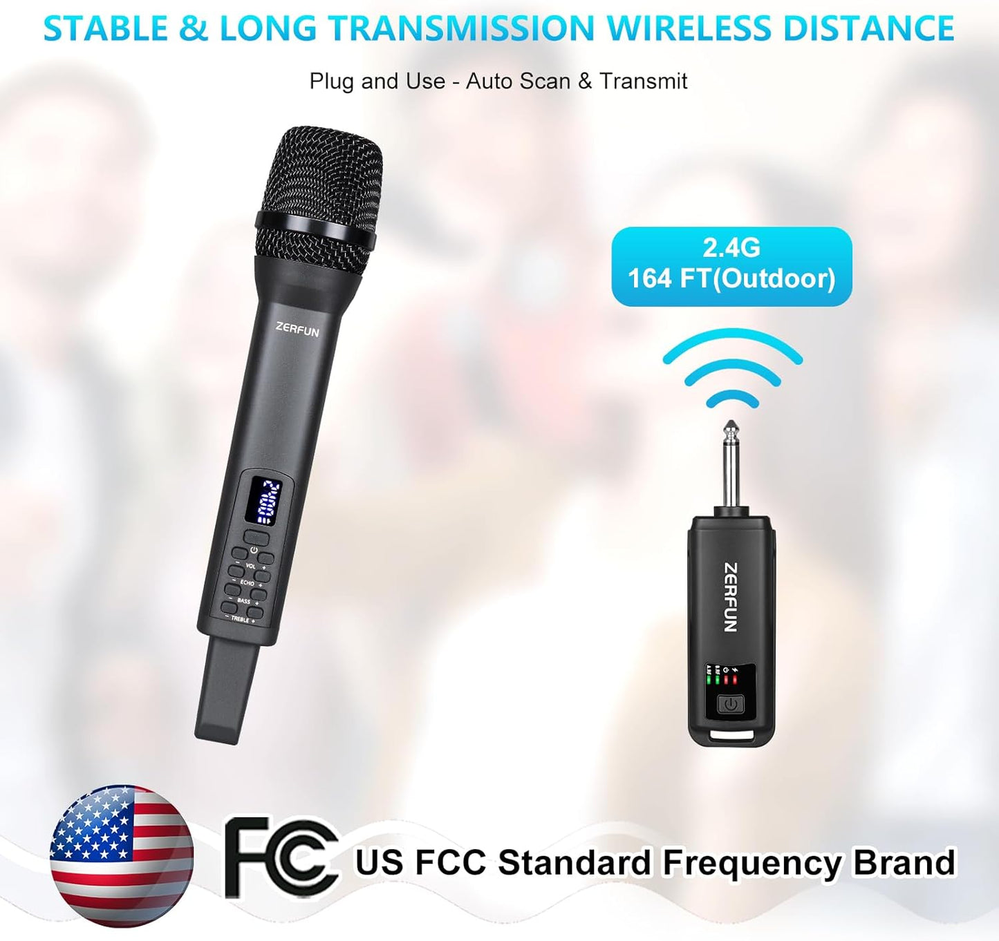 Rechargeable Wireless Microphone, Pro Handheld Cordless Mics System Dynamic with Echo Treble BASS VOL Control for Karaoke Singing Church Party, 1/4'' Output, D240, Grey