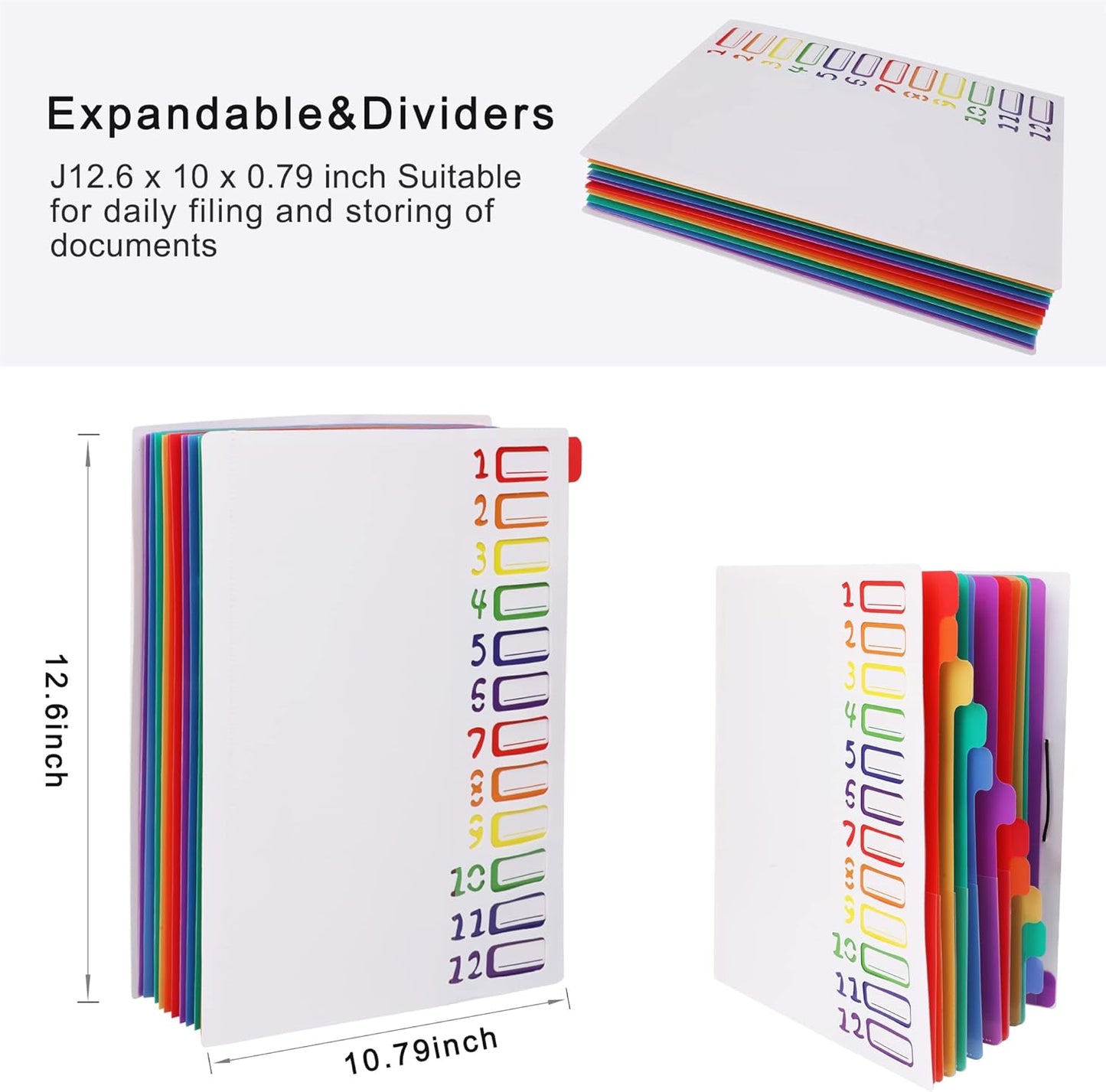 Rainbow Tab Expanding File Folder - 24 Pockets, Durable A4 Letter Size Organizer, Water-Resistant Plastic Dividers, Home/Office/School Document Holder (White）