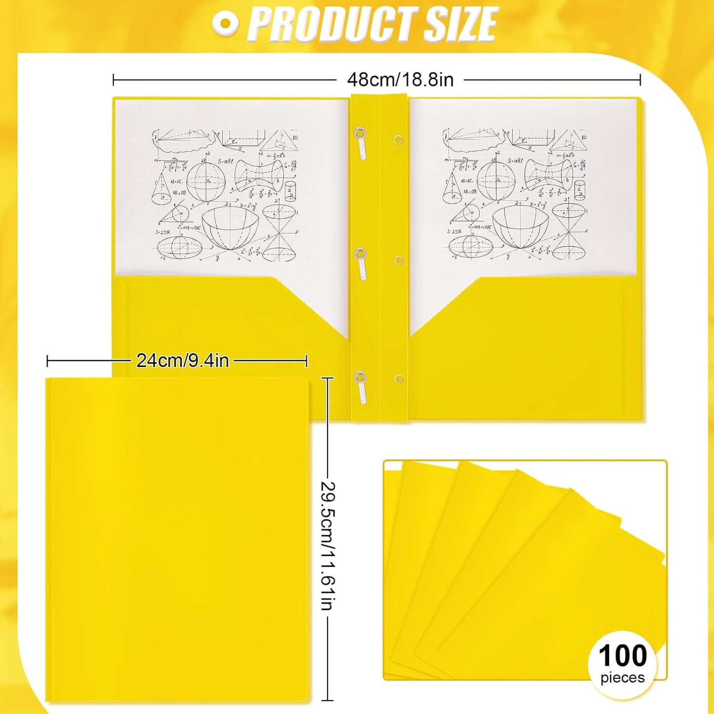 Lincia 100 Pcs Plastic Folders with 2 Pockets and Prongs for Office, School, Students, Teachers, Office Workers (Yellow)