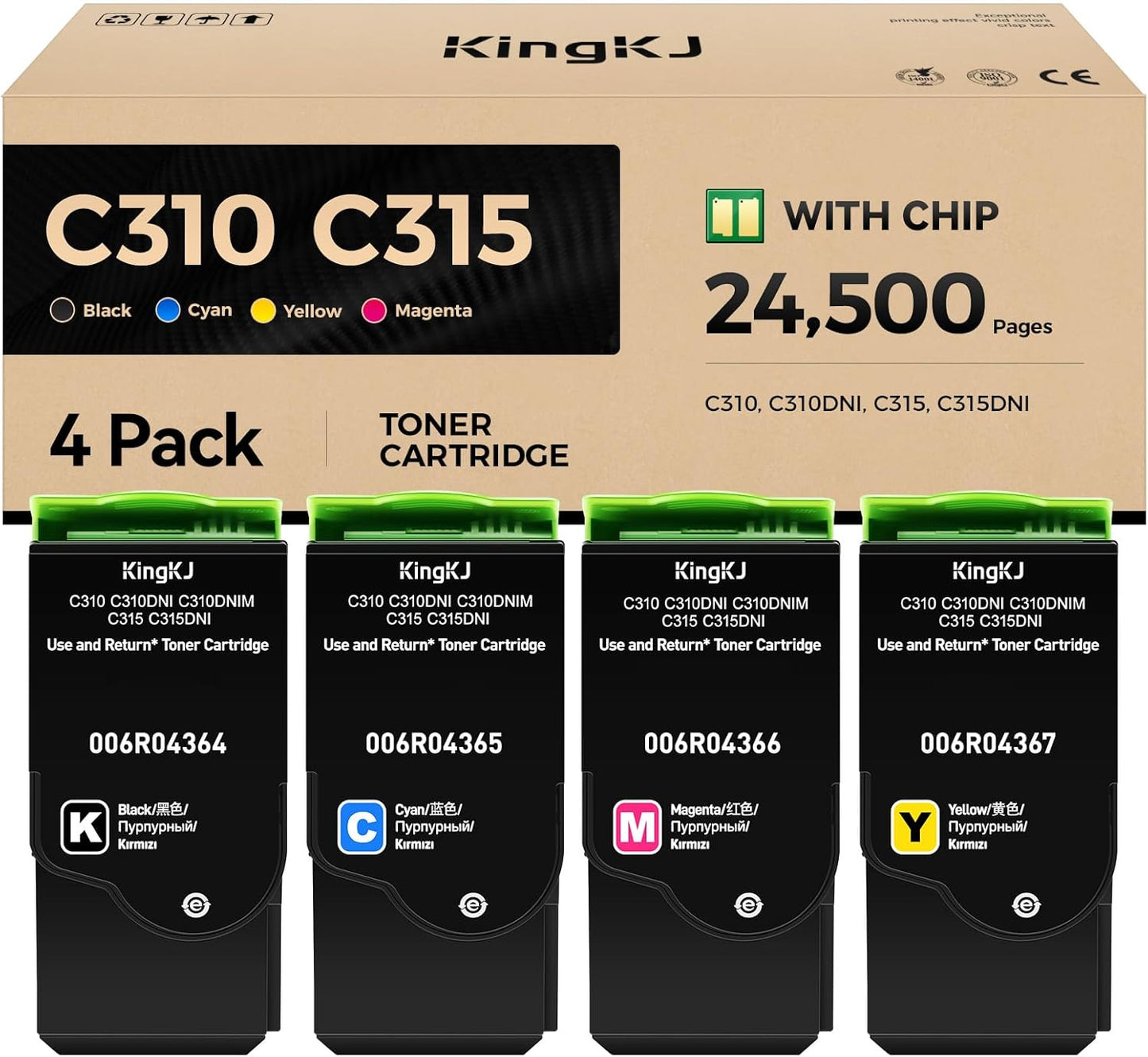 C310 C315 Toner Cartridge Set 4-Pack with chip High-Yield 006R04364 006R04365 006R04366 006R04367 Replacement for Xerox C310 C310DNI Versalink C315 C315DNI Color Printer Ink Black Cyan Magenta Yellow