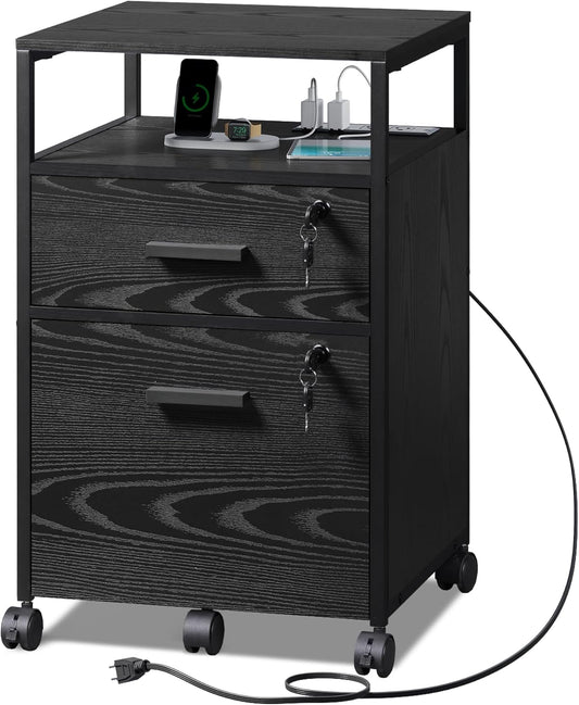 DEVAISE 2 Drawer File Cabinet with Lock and Charging Station, Wood Filing Cabinet fits A4 or Letter Size, Mobile Printer Stand with Open Storage Shelf for Home Office, Black