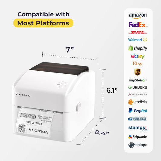 Volcora Thermal Label Printer with Ethernet/USB - Desktop 4x6 Shipping Label Printer, Compatible with Windows, Linux, Mac - Ideal for Small Business, Inkless Printer for Shipping Packages (White)