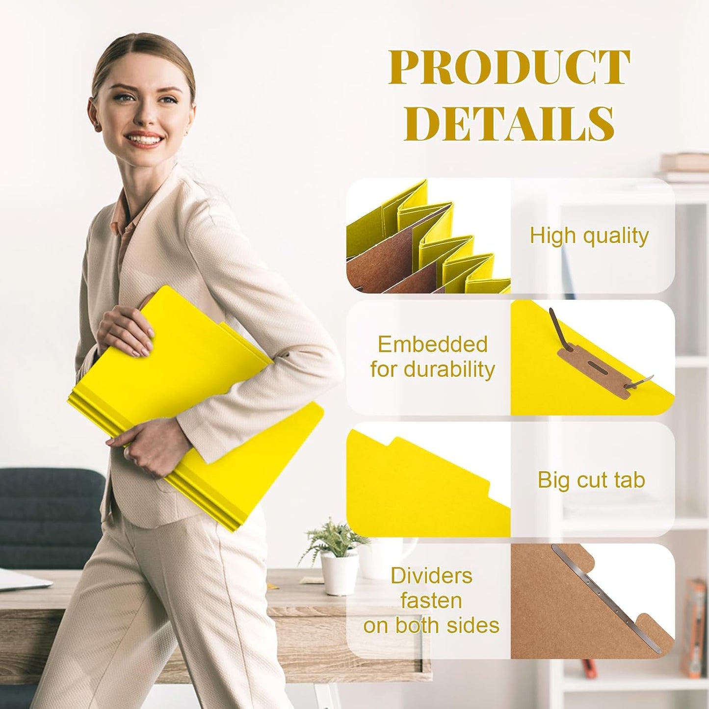 36 Pcs Classification Folders Letter Size, 3 Divider Pressboard File Folder with Fasteners, Expanding File Organizer Bulk for Teachers, Clergy, Office, Church, Christmas Donations (Yellow)