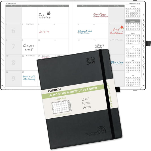 POPRUN Monthly Planner 2026-2027 (Large- 8.5" x 10.5" Soft Cover), 18-Month Calendar Book (Jan.2026 - Jun. 2027), Calendar Planner with Monthly Tabs & Pocket, 100 GSM Paper - Black