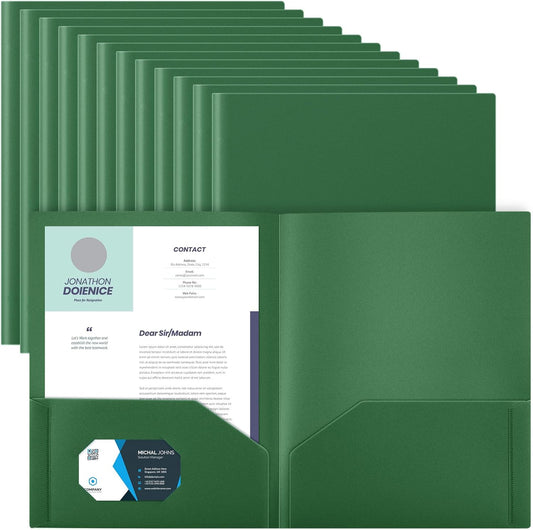 Gueevin 24 Pcs Plastic Folders with Pockets, Back to School Two Pocket Folder Fit Letter Size, Heavy Duty School Business Card Holder for Home Office, 11. 61 x 9. 45 Inches (Dark Green)
