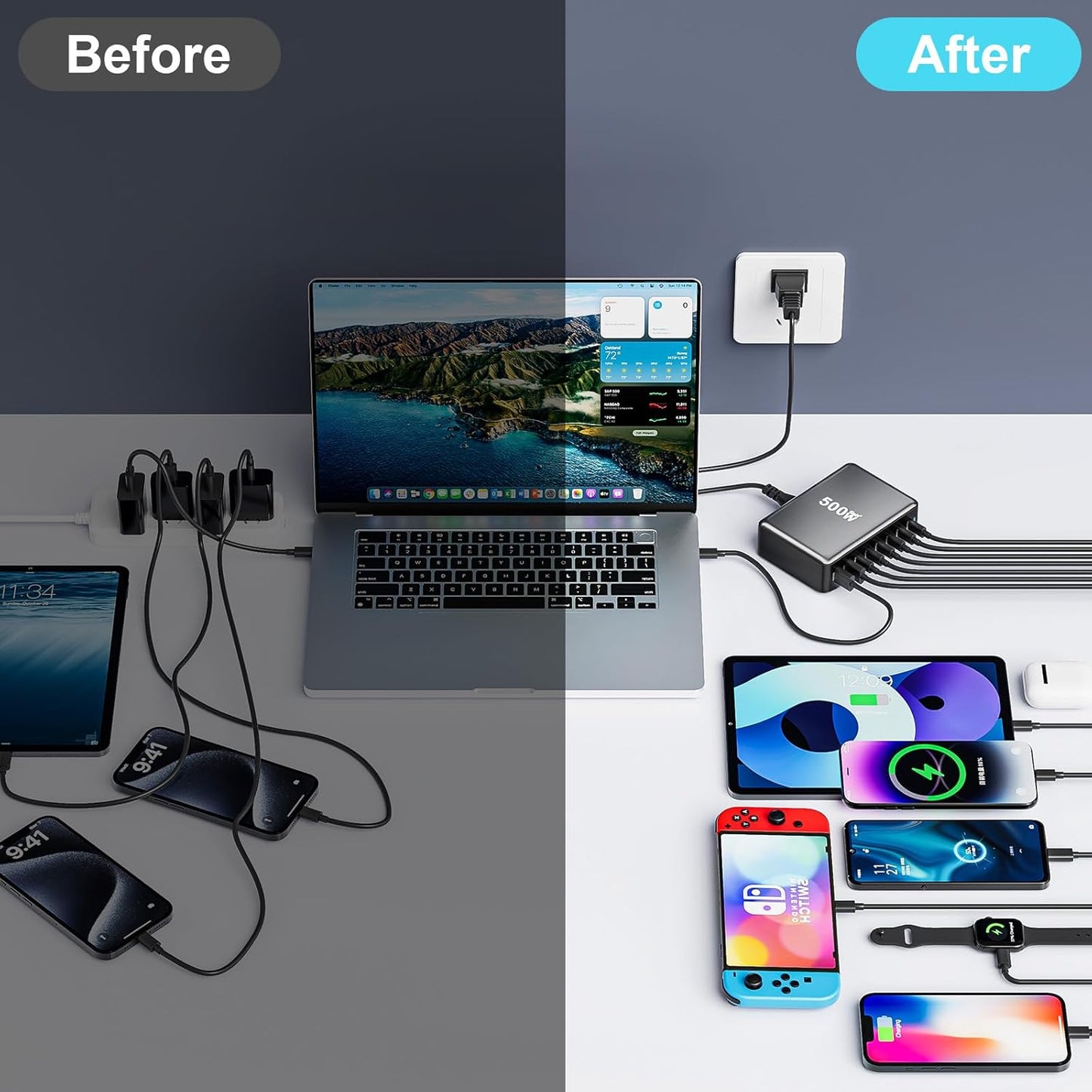 500W USB C Fast Charger Block, 8 Port USB Charging Station, GaN Ⅲ Pro Double 100W PD PPS Port Fast Charging Station for Multiple Devices,Laptop Wall Charger Compatible with MacBook, iPhone 17,iPad etc