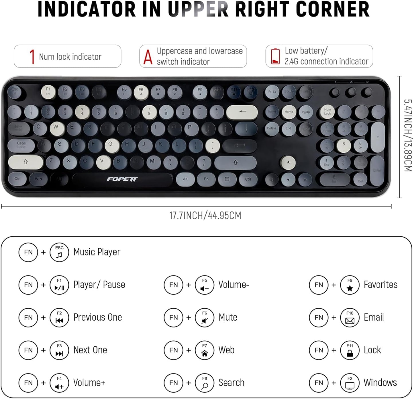 FOPETT Wireless Keyboard and Mouse Combo - 2.4G Full-Sized Cute Colorful Retro Keyboard with Round Keycaps 104 Keys Typewriter Keyboard for Laptop/Windows/PC - Grey Colorful
