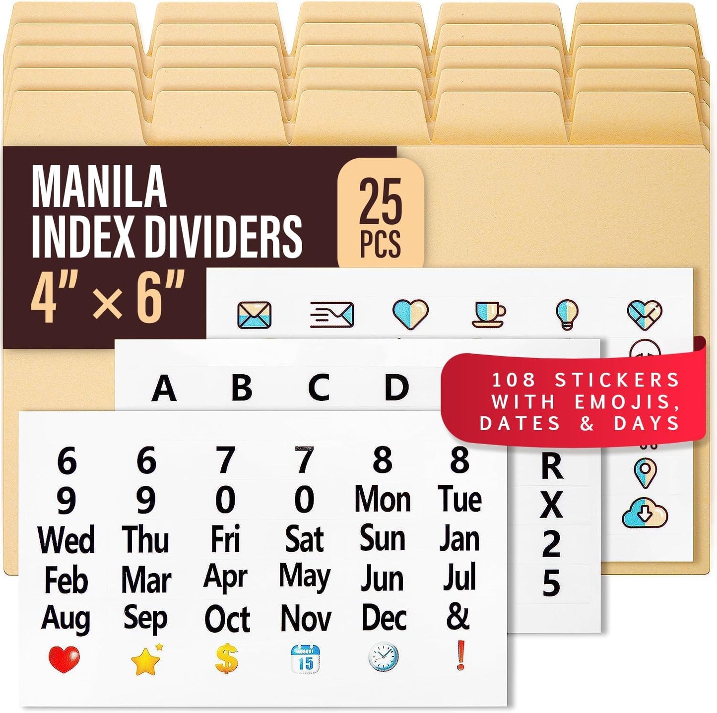 25 Manila Index Card Dividers 4x6 - Index Organizer Dividers with Tabs & 108 Stickers for Recipe, Note, Monthly Index Cards 4x6 & Card Stock
