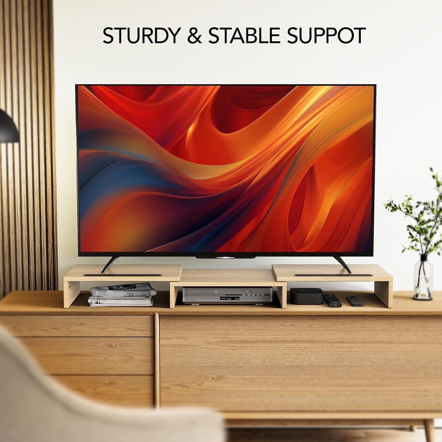 AMERIERGO Dual Monitor Stand Riser- 3 Shelf Screen Stand with Adjustable Length and Angle, 2 Extra Functional Slot Desktop Organizer Stand for PC, Computer, Laptop (Light Wood)