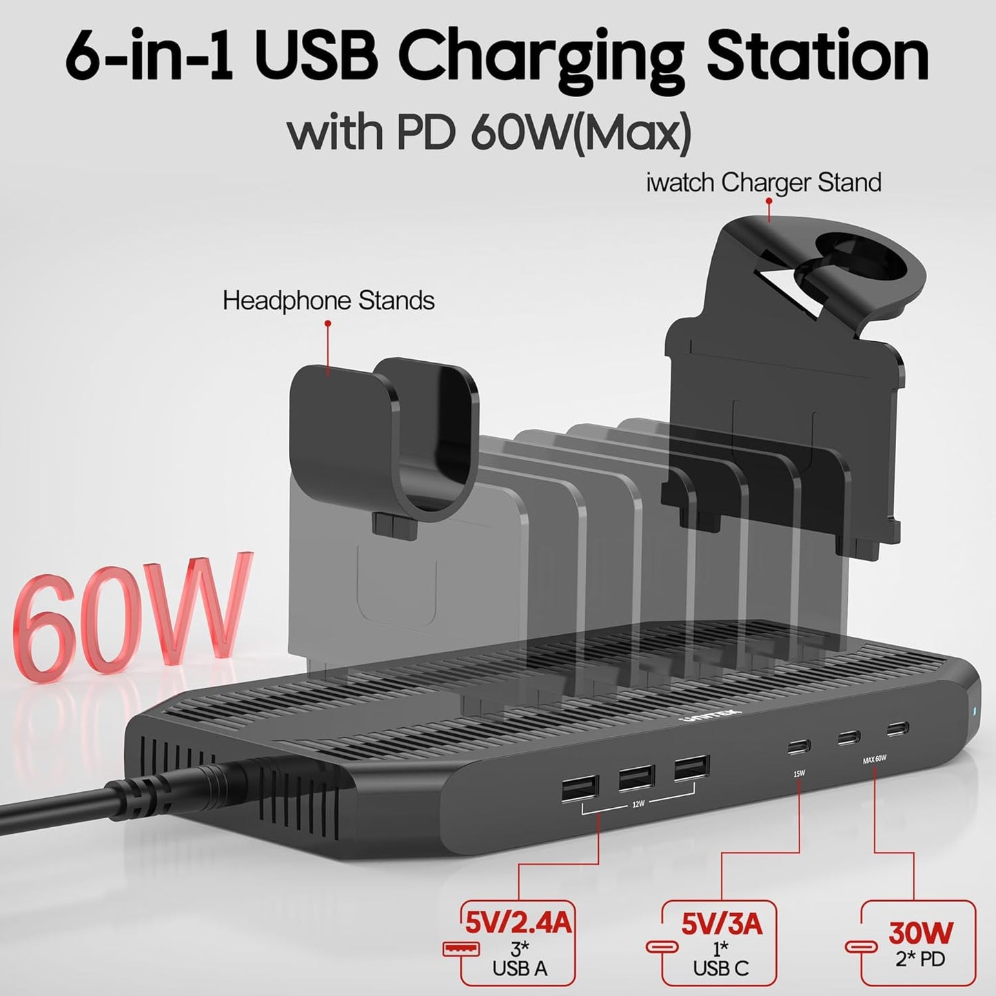 Unitek USB C Charging Station for Multiple Devices Apple - 6 Port MacBook Laptop Charging Dock with Type-C PD 60W Fireproof Fast Charging Stand with Smartwatch & Airpods Holder for iPhone iPad Tablet