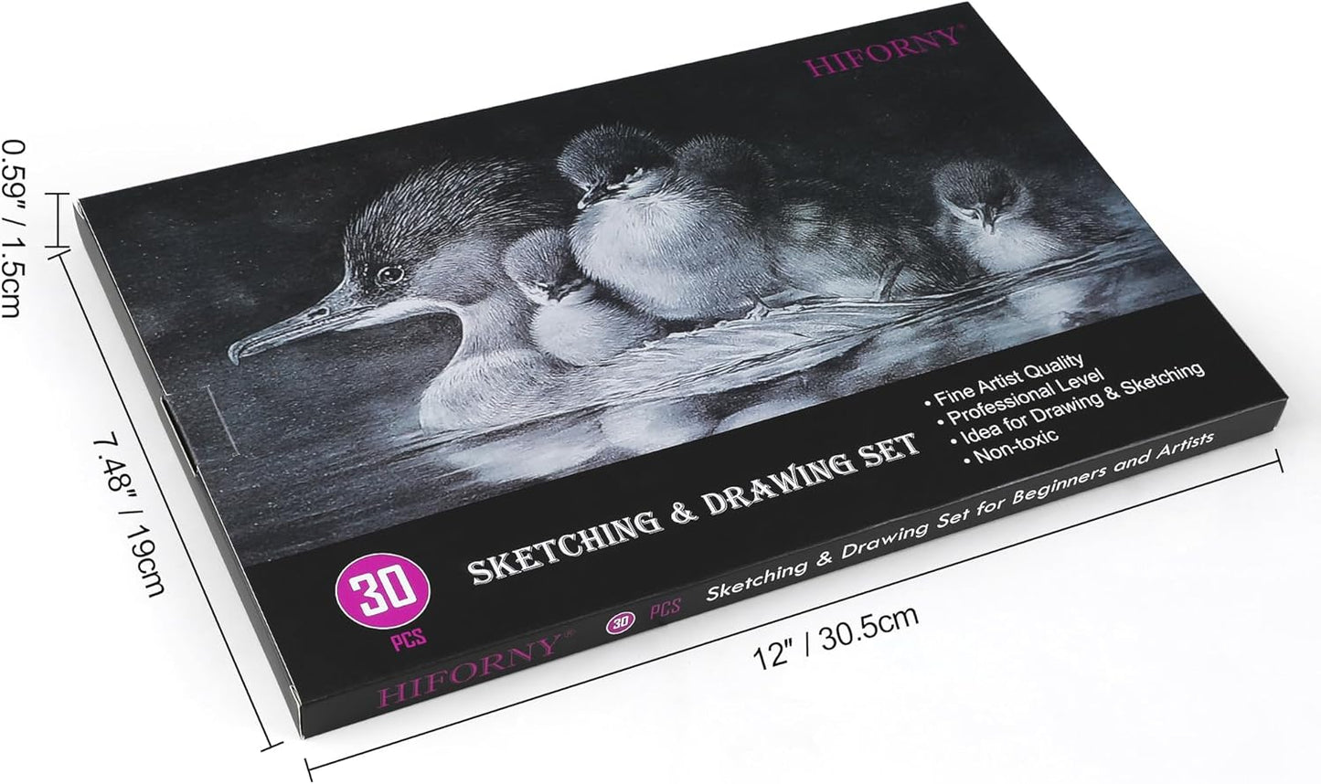 HIFORNY 30 PCS Sketching Drawing Pencil Set,Sketch Pencils Art Supplies with Graphite,Charcoal,Blending Tools,Accessories,Drawing Kit for Adults Artists