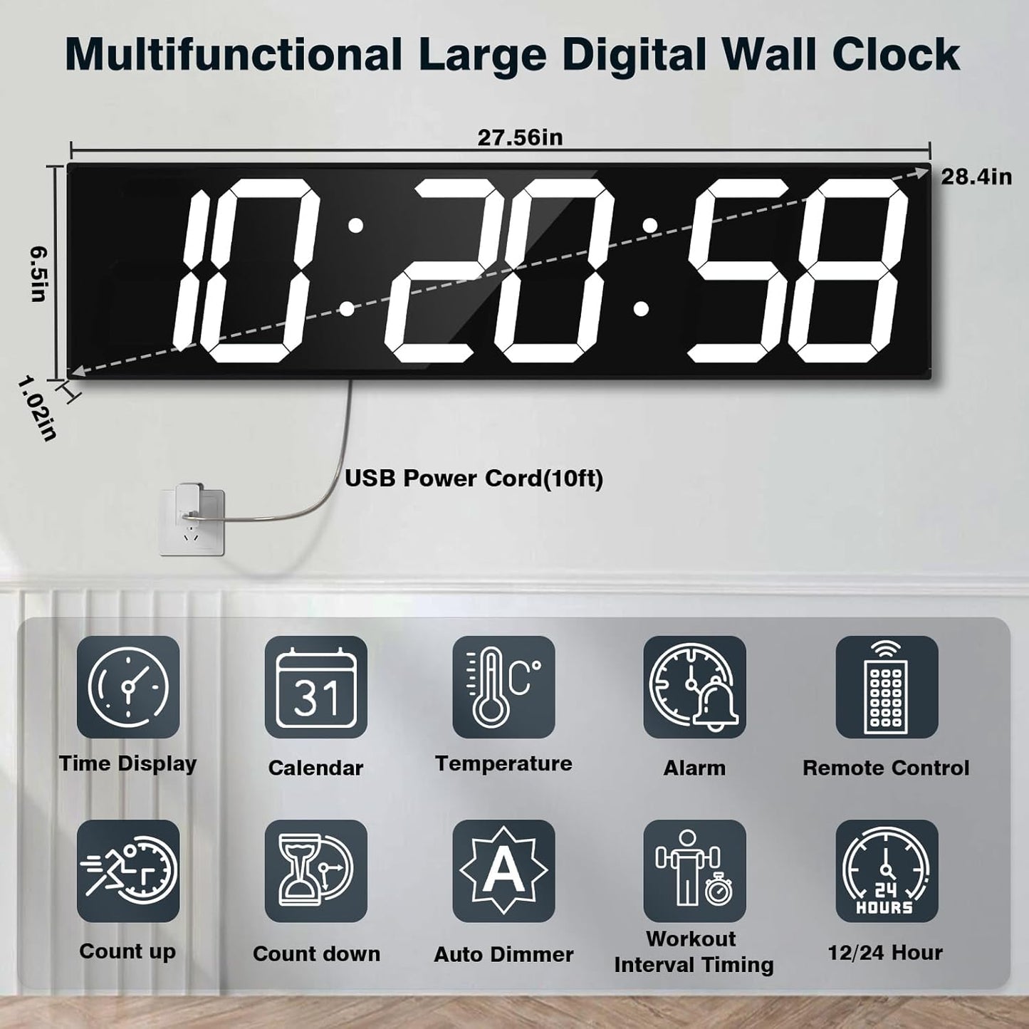 Digital Wall Clock with Large Display, 28.4‘’LED 6-Digit Large Clock with Adjustable Brightness, Multifunction Digital Timer with Countdown and Stopwatch (White)