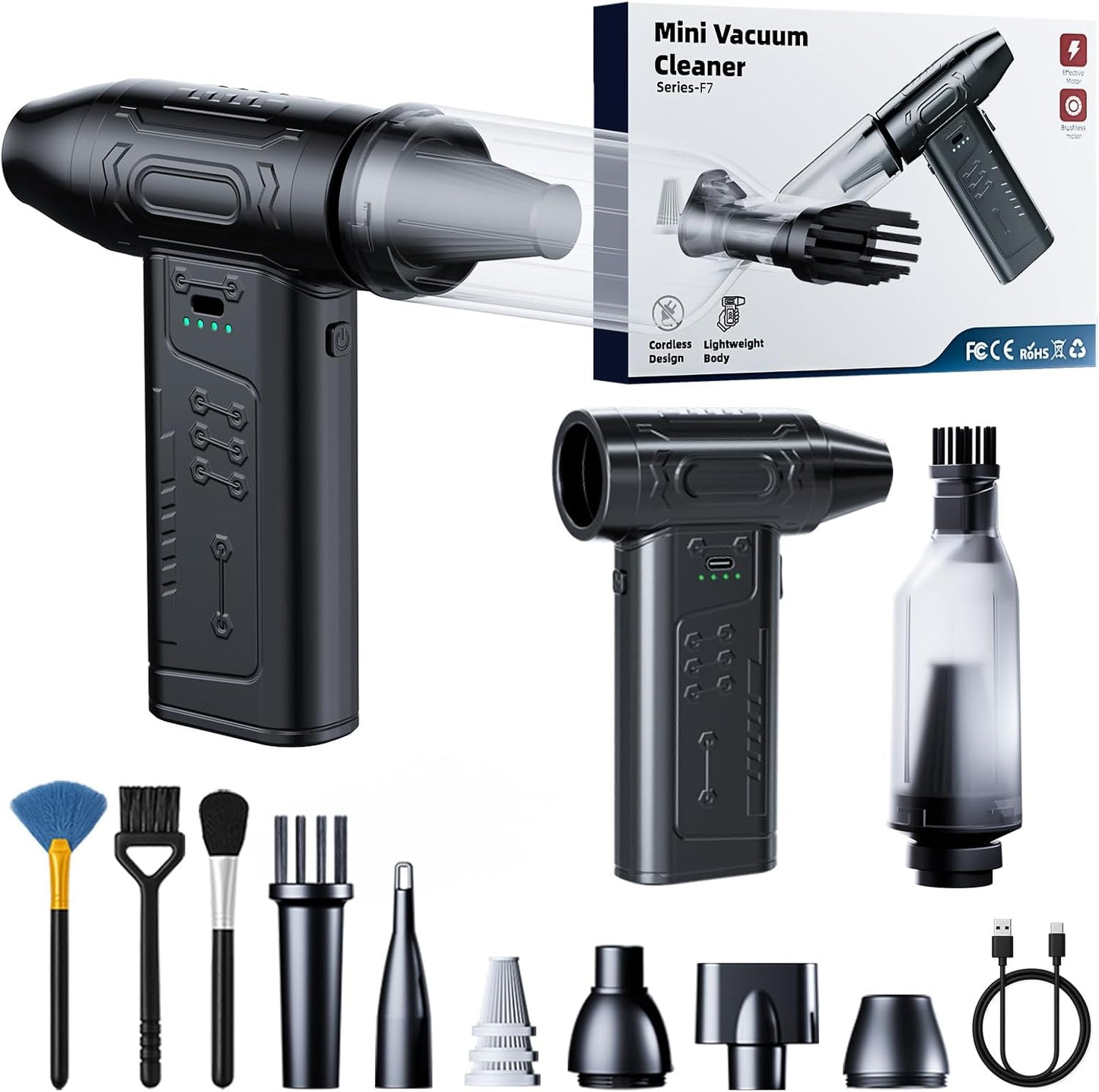 fourq Compressed Air Duster,Mini Vacuum Cleaner 2-in-1,4000 mAh,130,000 RPM Brushless Motor,8000Pa，120MPH/1.1LB Thrust Car Dryer Air Blower for Car Cleaning,Computer Cleaning