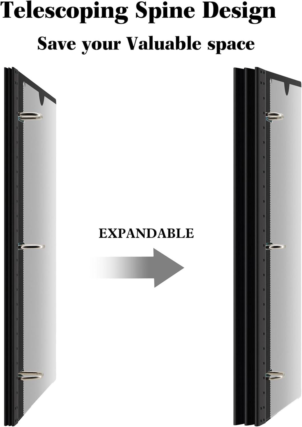 INFUN 1 Inch Telescoping 3 Ring Binder - 4PCS-Black, Flexible Binders with Customizable Front Cover and Clear Catalog Pocket,1 inch Binders 3 Ring, 225 Sheet Capacity