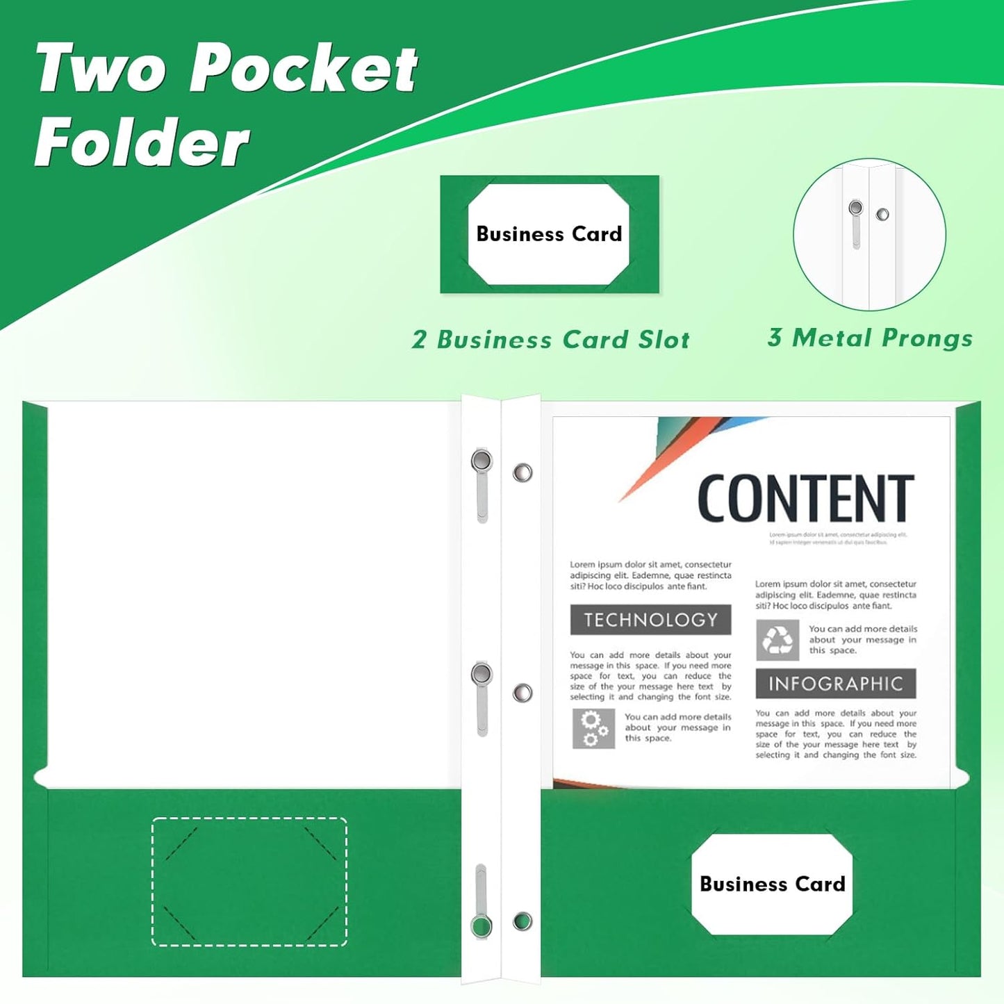 Two Pocket Folders, PANDRI 60 Pack Two Pocket Folders with Prongs, 3 Prong Folders Designed for Office and Classroom, Letter Size Green