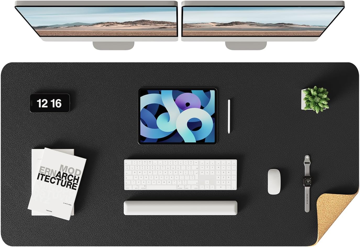 YSAGi Double-Sided Desk Pad, Leather Desk Mat, Eco Cork Desk Pad Protector,Large Mouse Pad,Waterproof Desk Blotter for Office/Home (Black+Cork, 47.2" x 23.6")