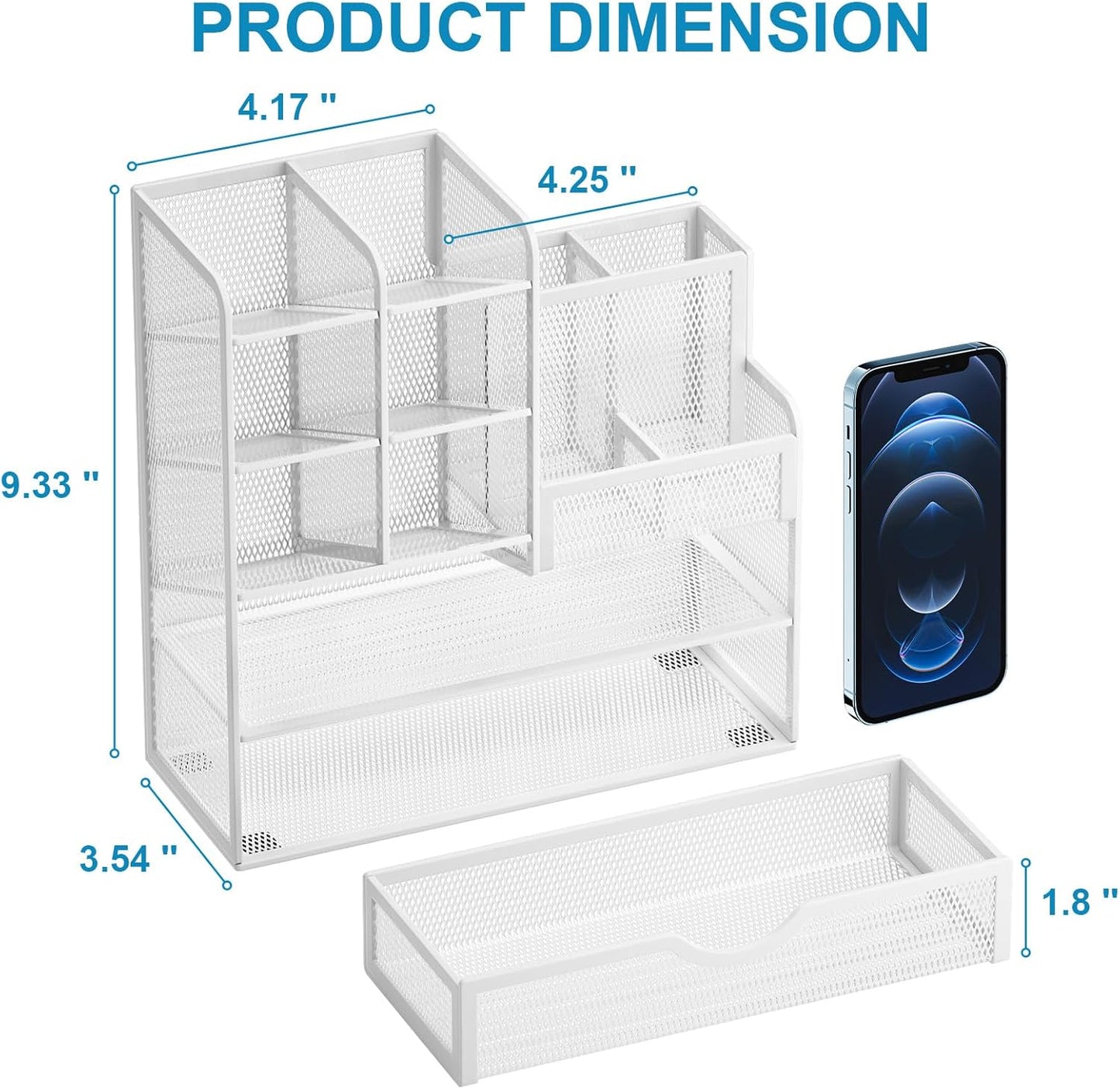 Marbrasse Mesh Pen Holder for Desk, Multi-Functional Pencil Organizer with Drawer, Desk Organizers and Accessories for Office Art Supplies (White)
