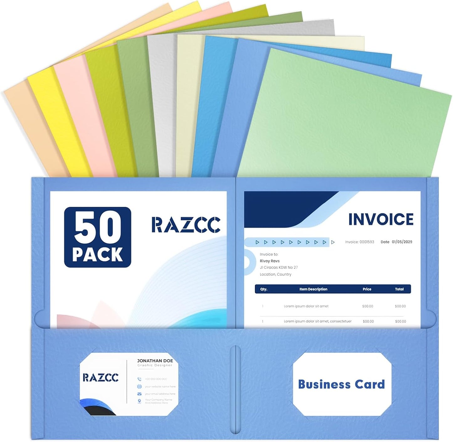 Two Pocket Folders, RAZCC 50 Pack File Folders with Pockets Fit Letter Size Paper, Thick Paper File Folder for School Office Business Home, Assorted 10 Colors