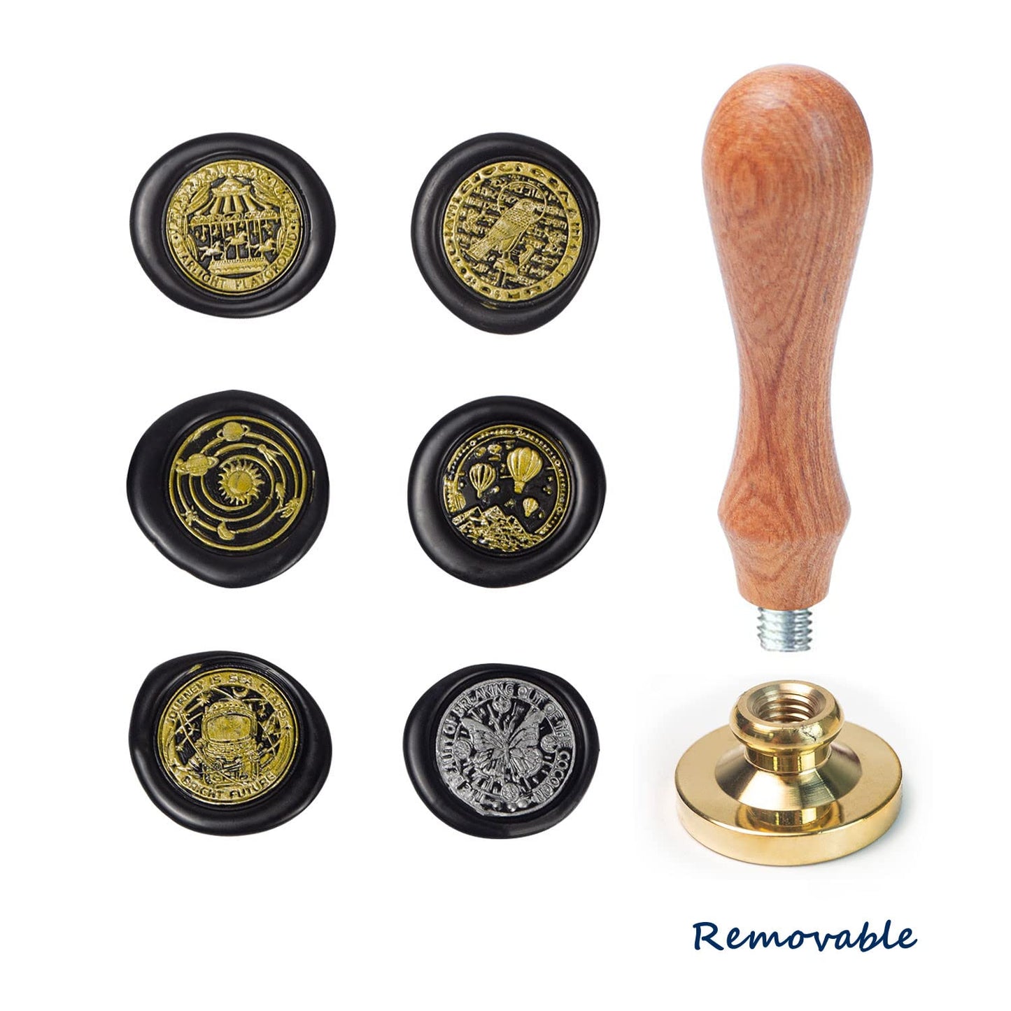 Moon Wax Seal Stamp Set with 6 PCS Removable Brass Heads and 1 Wooden Handle - Sunbird Fox Starry Sea Planet Sealing Wax Stamp for Cards Invitations